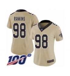 Women's New Orleans Saints #98 Sheldon Rankins Limited Gold Inverted Legend 100th Season Football Jersey