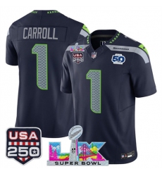 Men's Seattle Seahawks #1 Pete Carroll Navy 2025 F.U.S.E. Super Bowl LX And 50th Season & USA 250 Vapor Limited Football Stitched Jersey