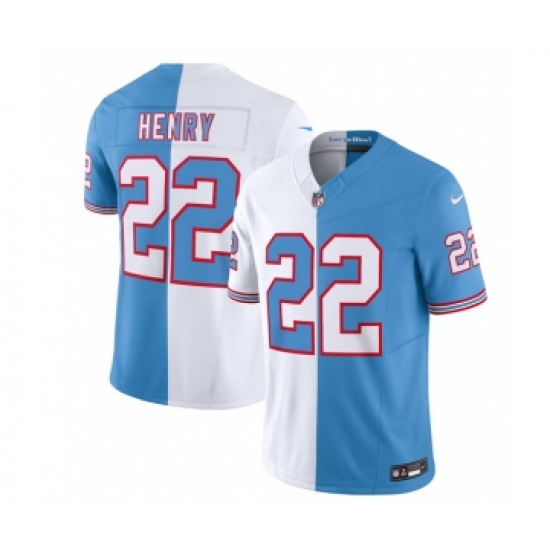 Men's Nike Tennessee Titans #22 Derrick Henry White Blue 2023 F.U.S.E. Split Vapor Limited Throwback Football Stitched Jersey Men's Nike Tennessee Titans #22 Derrick Henry White Blue 2023 F.U.S.E. Split Vapor Limited Throwback Football Stitched Jersey