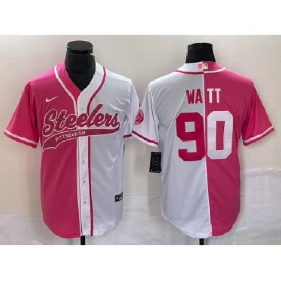 Men's Nike Pittsburgh Steelers #90 TJ Watt Pink White Two Tone Cool Base Stitched Baseball Jersey Men's Nike Pittsburgh Steelers #90 TJ Watt Pink White Two Tone Cool Base Stitched Baseball Jersey
