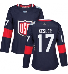 Women's Adidas Team USA #17 Ryan Kesler Premier Navy Blue Away 2016 World Cup Hockey Jersey