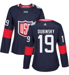 Women's Adidas Team USA #19 Brandon Dubinsky Authentic Navy Blue Away 2016 World Cup Hockey Jersey