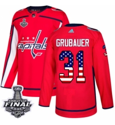 Men's Adidas Washington Capitals #31 Philipp Grubauer Authentic Red USA Flag Fashion 2018 Stanley Cup Final NHL Jersey