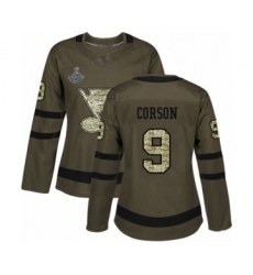 Women's St. Louis Blues #9 Shayne Corson Authentic Green Salute to Service 2019 Stanley Cup Champions Hockey Jersey