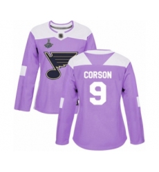 Women's St. Louis Blues #9 Shayne Corson Authentic Purple Fights Cancer Practice 2019 Stanley Cup Champions Hockey Jersey