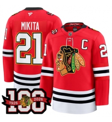 Men's Chicago Blackhawks #21 Stan Mikita Red 2025 Home 100th Anniversary Stitched Hockey Jersey