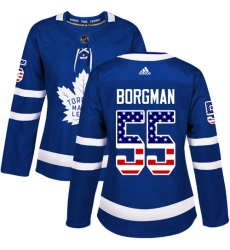 Women's Adidas Toronto Maple Leafs #55 Andreas Borgman Authentic Royal Blue USA Flag Fashion NHL Jersey
