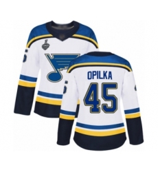 Women's St. Louis Blues #45 Luke Opilka Authentic White Away 2019 Stanley Cup Final Bound Hockey Jersey