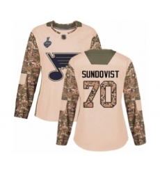 Women's St. Louis Blues #70 Oskar Sundqvist Authentic Camo Veterans Day Practice 2019 Stanley Cup Final Bound Hockey Jersey