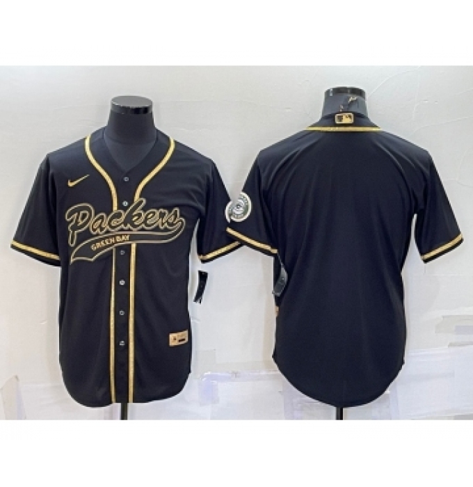 Men's Green Bay Packers Blank Black Gold With Patch Cool Base Stitched Baseball Jersey