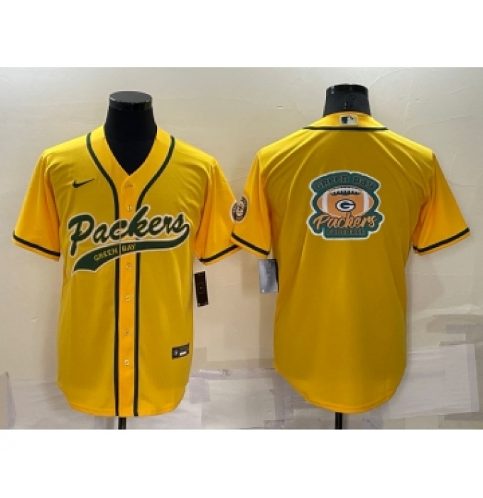 Men's Green Bay Packers Yellow Team Big Logo With Patch Cool Base Stitched Baseball Jersey
