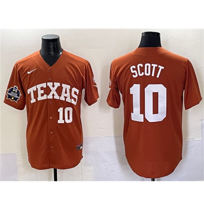 Men's Texas Longhorns #10 Mia Scott Orange Pinstripe 2025 Softball National Champions & SEC Patch Stitched Jersey