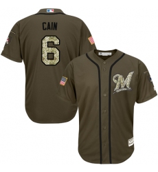 Men's Majestic Milwaukee Brewers #6 Lorenzo Cain Replica Green Salute to Service MLB Jersey