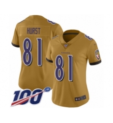 Women's Baltimore Ravens #81 Hayden Hurst Limited Gold Inverted Legend 100th Season Football Jersey
