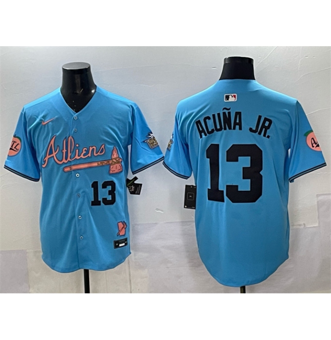 Men's Atlanta Braves #13 Ronald Acuna Jr. Blue 2024 Atliens & Peach With Outkast Vapor Limited Stitched Baseball Jersey
