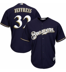 Men's Majestic Milwaukee Brewers #32 Jeremy Jeffress Replica Navy Blue Alternate Cool Base MLB Jersey