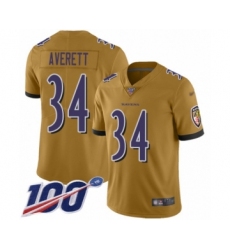 Men's Baltimore Ravens #34 Anthony Averett Limited Gold Inverted Legend 100th Season Football Jersey