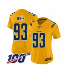 Women's Los Angeles Chargers #93 Justin Jones Limited Gold Inverted Legend 100th Season Football Jersey