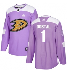 Men's Adidas Anaheim Ducks #1 Lukas Dostal Authentic Purple Fights Cancer Practice NHL Jersey