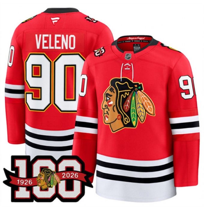 Men's Chicago Blackhawks #90 Joe Veleno Red 2025 Home 100th Anniversary Stitched Hockey Jersey