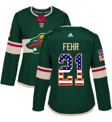 Women's Adidas Minnesota Wild #21 Eric Fehr Authentic Green USA Flag Fashion NHL Jersey
