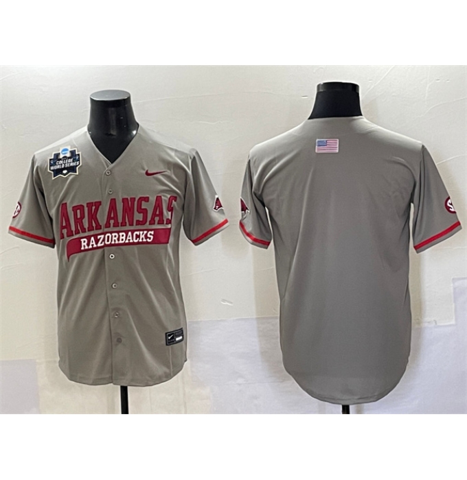Men's Arkansas Razorbacks Blank Grey 2025 World Series & SEC Patch Stitched Jersey