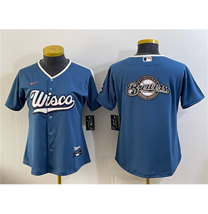 Women's Milwaukee Brewers Team Big Logo Mineral Blue 2026 City Connect Stadium Stitched Jersey(Run Small)