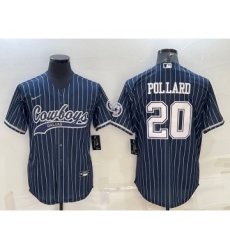 Men's Dallas Cowboys #20 Tony Pollard Navy Blue Pinstripe With Patch Cool Base Stitched Baseball Jersey
