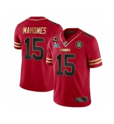 Men’s Kansas City Chiefs #15 Patrick Mahomes Red Gold Super Bowl LVII Patch And 4-star C Patch Vapor Untouchable Limited Stitched Jersey