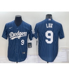 Men's Los Angeles Dodgers #9 Gavin Lux Number Navy Blue Pinstripe Stitched MLB Cool Base Nike Jersey