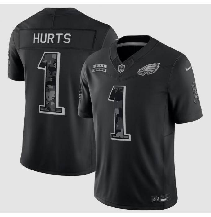 Men's Philadelphia Eagles #1 Jalen Hurts Black 2026 F.U.S.E. Salute to Service Limited Football Stitched Jersey