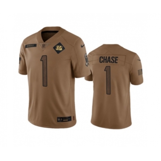 Men's Nike Cincinnati Bengals #1 Ja'Marr Chase 2023 Brown Salute To Service Limited Football Stitched Jersey Men's Nike Cincinnati Bengals #1 Ja'Marr Chase 2023 Brown Salute To Service Limited Football Stitched Jersey