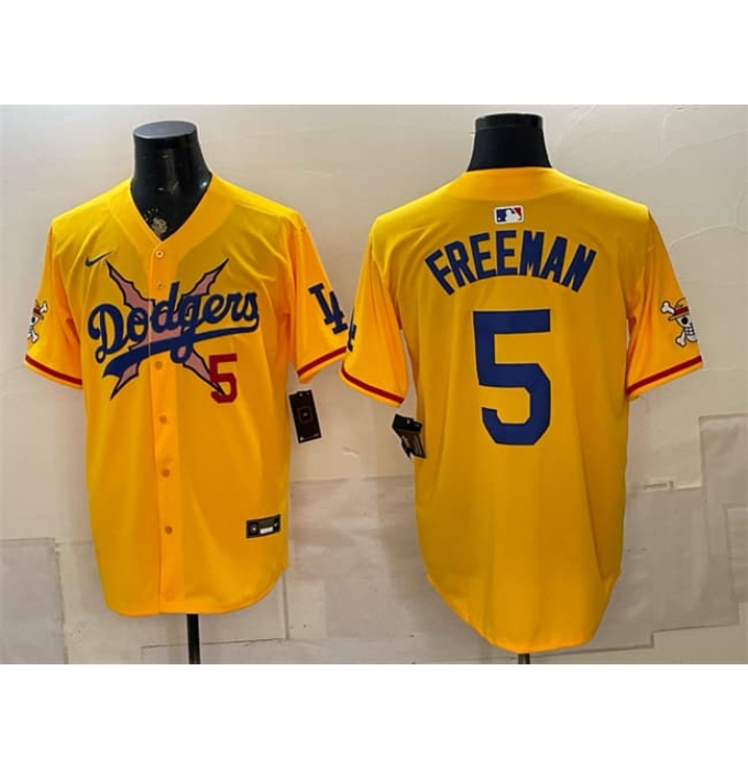 Men's Los Angeles Dodgers x One Piece #5 Freddie Freeman Yellow Vapor Premier Limited Stitched Baseball Jersey
