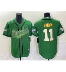 Men's Nike Philadelphia Eagles #11 A. J. Brown Green Gold Cool Base Baseball Stitched Jersey
