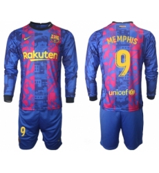 Men 2021-2022 Club Barcelona Second away blue Long Sleeve 9 Soccer Jerseys