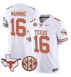 Youth Texas Longhorns #16 Arch Manning White F.U.S.E. Map & SEC Patch Vapor Limited V4 Stitched Jersey