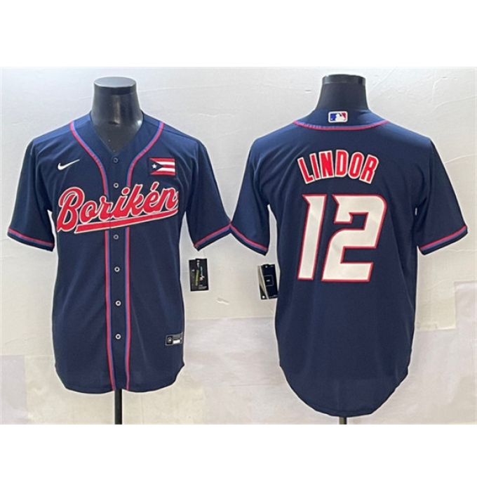 Men's Puerto Rico Baseball #12 Francisco Lindor Navy 2023 World Baseball Classic Stitched Jersey