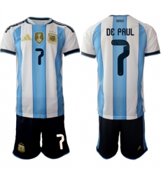 Men's Argentina #7 Rodrigo Javier De Paul White Blue 2025-26 Home Soccer Jersey Suit