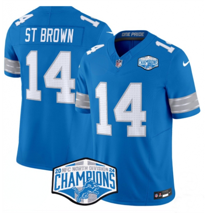 Men's Detroit Lions #14 Amon-Ra St. Brown Blue 2024 NFC North Champions F.U.S.E. Vapor Limited Stitched Jersey