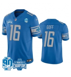 Men's Detroit Lions #16 Jared Goff Blue 2023 90th Anniversary North Division Champions Limited Stitched Jersey Men's Detroit Lions #16 Jared Goff Blue 2023 90th Anniversary North Division Champions Limited Stitched Jersey