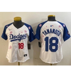Women's Los Angeles Dodgers #18 Yoshinobu Yamamoto White Royal 2025 Tokyo Series Limited Stitched Baseball Jersey