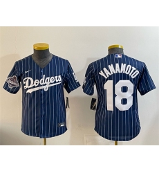 Youth Los Angeles Dodgers #18 Yoshinobu Yamamoto Navy Pinstripe 2025 World Series Champions Cool Base Stitched Baseball Jersey