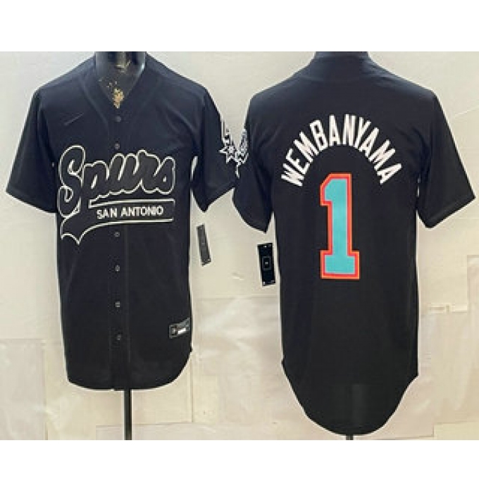 Men's San Antonio Spurs #1 Victor Wembanyama Black Stitched Baseball Jersey