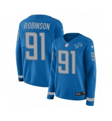 Women's Nike Detroit Lions #91 A'Shawn Robinson Limited Blue Therma Long Sleeve NFL Jersey