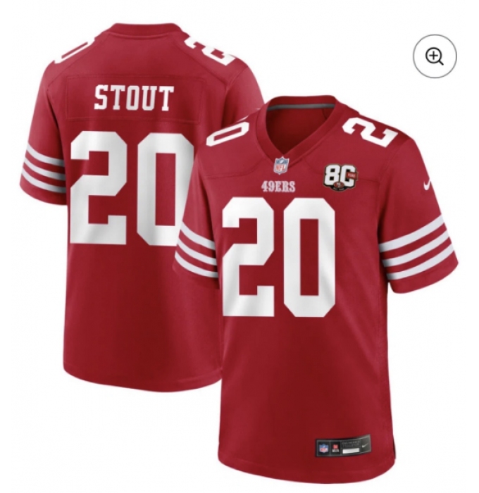 Men's San Francisco 49ers #20 Stout Red 80th Anniversary Patch 2026 Stitched Football Jersey