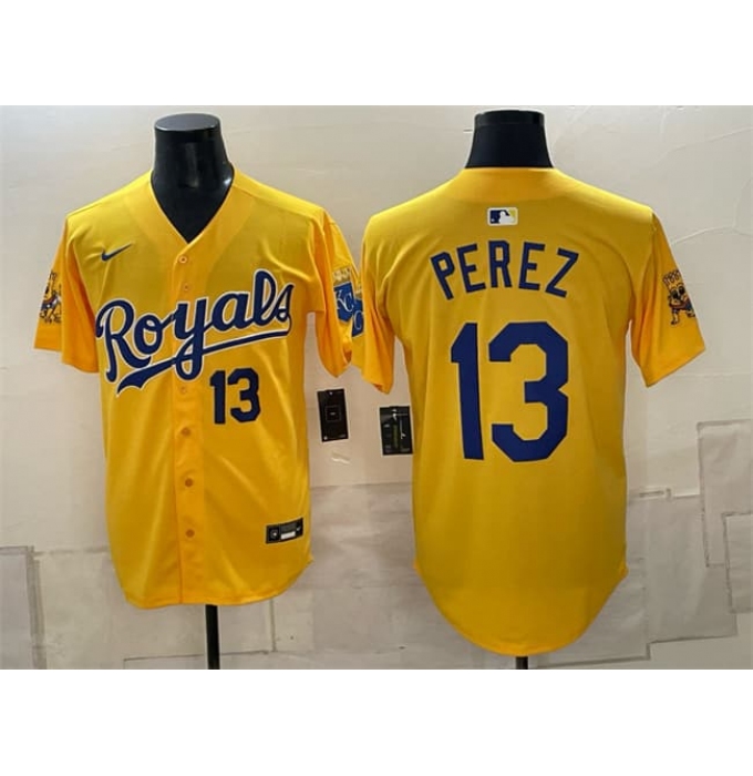 Men's Kansas City Royals #13 Salvador Perez Gold Sluggerrr Vapor Limited Stitched Baseball Jersey