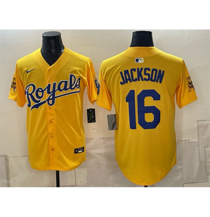 Men's Kansas City Royals #16 Bo Jackson Gold Sluggerrr Vapor Limited Stitched Baseball Jersey