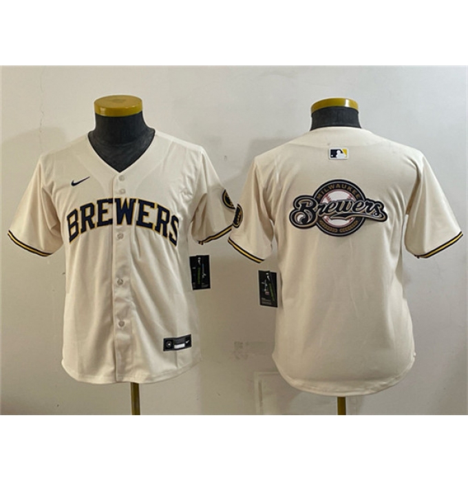 Youth Milwaukee Brewers Team Big Logo Cream Limited Stitched Jersey