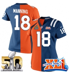 Women's Nike Denver Broncos #18 Peyton Manning Limited Orange/Royal Blue Split Fashion Super Bowl L & Super Bowl XLI NFL Jersey