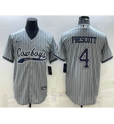Men's Dallas Cowboys #4 Dak Prescott Grey Pinstripe With Patch Cool Base Stitched Baseball Jersey